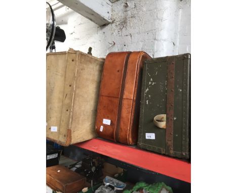 A vintage leather suitcase, vintage Velum case and vintage army style case. 