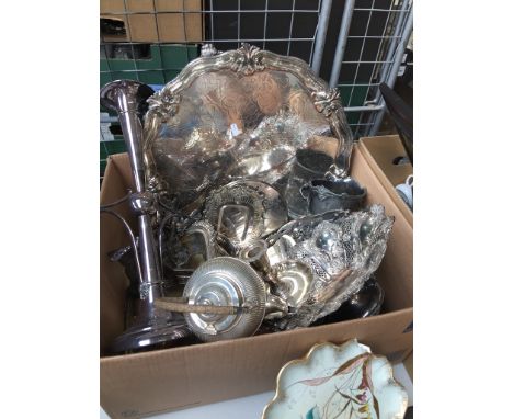 A box of silver plate including a large salver, dishes, kettle, epergnes etc 