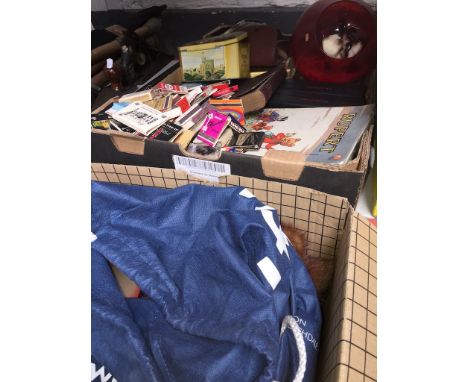 Two boxes of mixed items inc barometer, vintage furs, books, ornaments, glass, vintage Harrow Atlas, etc. 