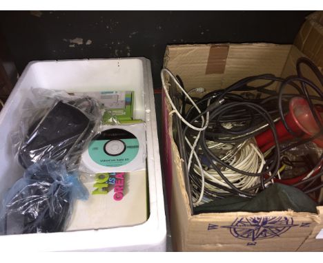 2 boxes of electricals to include a sat nav, camera, wireless room thermostat, car horns and computer cables etc. 
