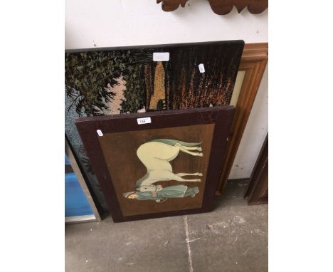 Wooden picture, print and two floral watercolours 