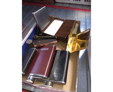 A tray of hip flasks and cigarette cases + Rotary medals