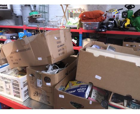 Six boxes of home ware including gang plugs, bathroom scales, records, etc 