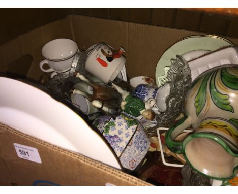 A box of china and glass including Wedgwood and Carlton ware 