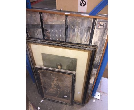 Two antique portrait prints - one dated 1747, together with an oil on board - Anthony Bates, monkeys in a cage, signed lower 