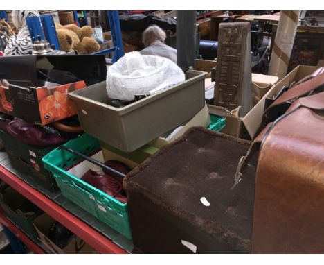 2 suitcases and 4 boxes of misc to include ladies gloves, glasses cases, ladies purses, ladies bags, speaker wall brackets, s