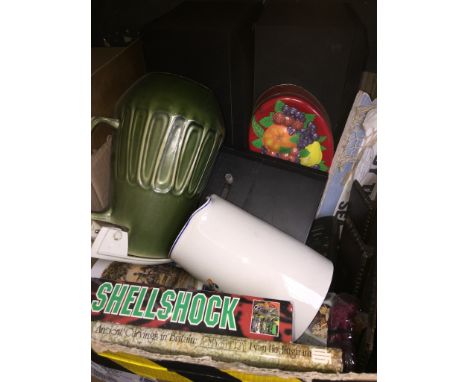A box of misc to include jug, musical pitcher, pair of speakers, photo frame, letter rack, etc. 