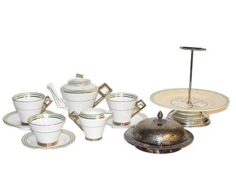 Foley eight piece tea set, Art Deco cake stand and a muffin dish