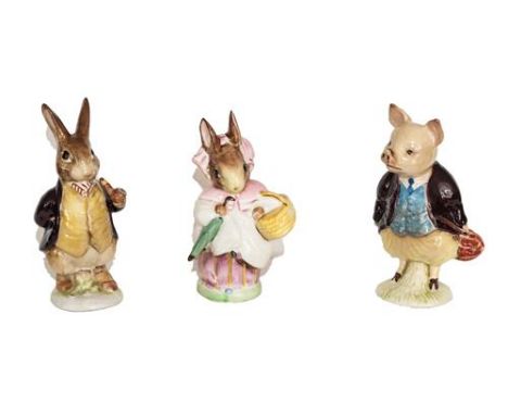 Beswick Beatrix Potter Figures Comprising:  Mr. Benjamin Bunny, dark maroon; Mrs. Rabbit and Pigling Bland, dark maroon, all 