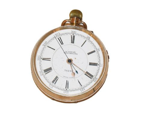 A 12 carat gold open faced chronograph pocket watch, signed H Samuel, Manchester.  Case with surface scratches and dents, cas