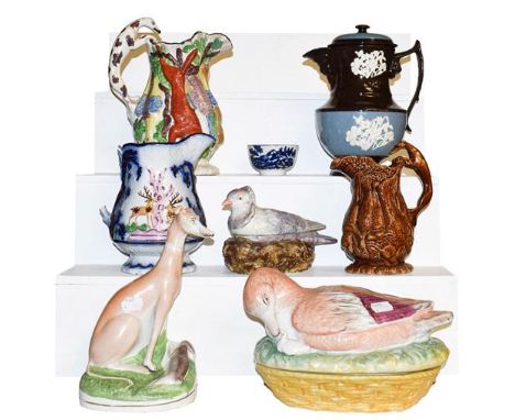 Assorted pottery and porcelain to include a Worcester tea bowl, two lidded dishes topped by game birds including early 19th c