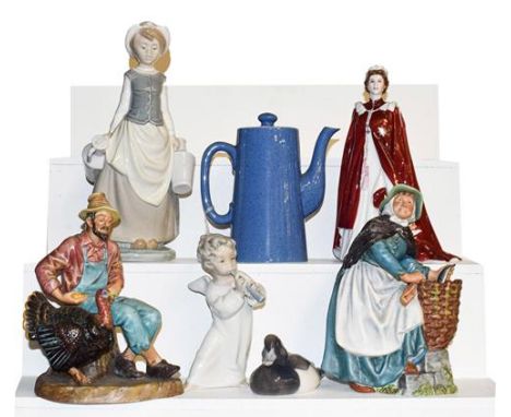 ~Ceramics including two Royal Doulton figures Thanksgiving and Old Meg, a Royal Worcester figure of Queen Elizabeth, a Royal 