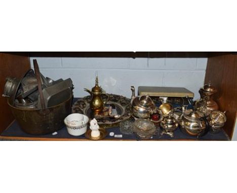 An Arts &amp; Crafts pewter tea set, brass jam pan, a cased chemical balance, a Jones sewing machine, assorted ceramics and g