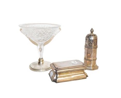 An Edward VII silver inkwell, London. 1904, one bottle lacking a Victorian octagonal sugar caster, 16cm high and a silver mou