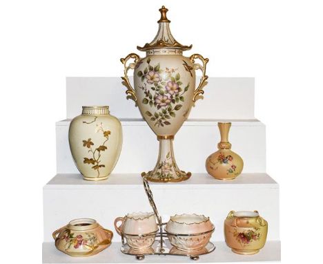 ~A quantity of Royal Worcester and Locke &amp; Co. Worcester blush ware, a similar Continental pedestal vase and cover, a Roy