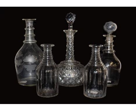 Five various glass decanters, including a pair of small Georgian examples (lacking stoppers).  Georgian examples one with mil