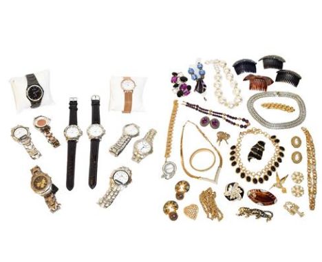 A quantity of modern costume jewellery including Christian Dior, Trifari etc, two Skagen wristwatches, various other wristwat