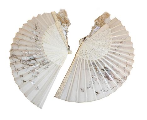 Circa 1900 Carved Ivory Fan in a Lacquered Hinged Case, with a cream fabric mount silk embroidered with a peacock and birds s