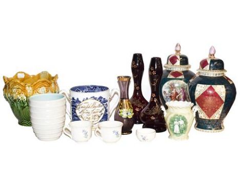Two Vienna vases and covers, Ault jardiniere pair of red glass vases, Poole vase, blue and white twin handled mug, named and 