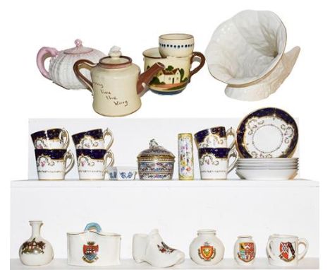 ~Assorted ceramics including Belleek tea pot (black printed mark) another Belleek shell form centre piece, crested china, Roy