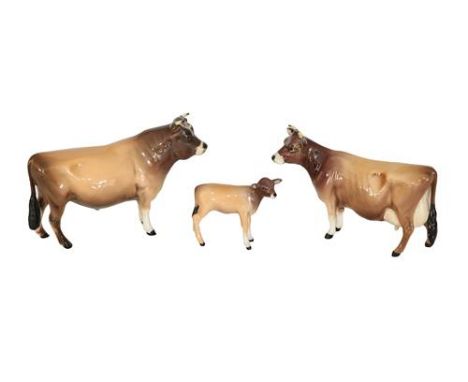 Beswick Cattle Comprising: Jersey Bull Ch. ''Dunsley Coy Boy'', model No. 1422, Jersey Cow Ch. ''Newton Tinkle'', model No. 1