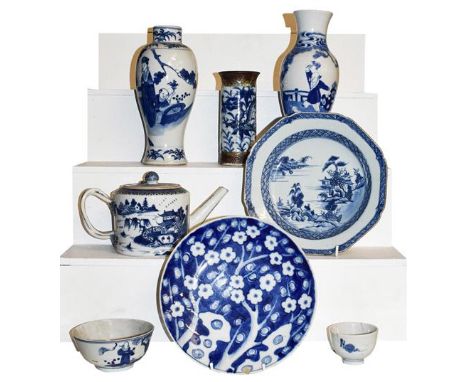 ~Assorted Chinese blue and white porcelain including an 18th century octagonal dish, export tea pot and two baluster vases de