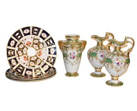 A garniture of Noritake ewers and vase and together with three Royal Crown Derby Imari plates .  Nortiake vase with rubbing t