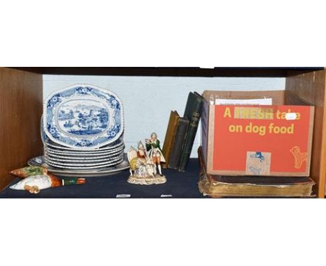 Seven Ridgway blue and white Indian Temple pattern plates and matching small meat platter, two blue and white meat dishes, a 