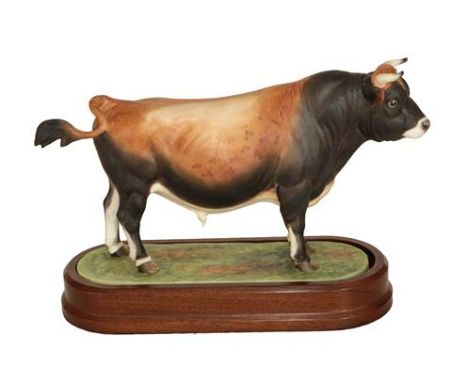 Royal Worcester Jersey Bull ''Leebarn Carlisle II'', model No. RW3776 by Doris Lindner, limited of 500, on wooden plinth.  No