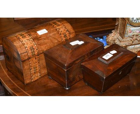 A George III Tunbridge inlaid dome topped walnut tea caddy, together with two sarcophagus formed tea caddies of similar date 