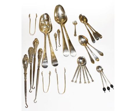 ~Silver flatware including a pair of George III serving spoons, London 1801, a further pair of Georgian serving spoons later 