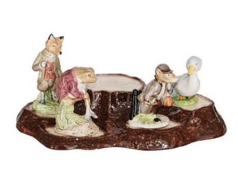 Beswick Beatrix Potter Figures Comprising:  Johnny Town-Mouse with Bag; Mr. Jeremy Fisher Digging; Mr. Tod; and Rebeccah Pudd