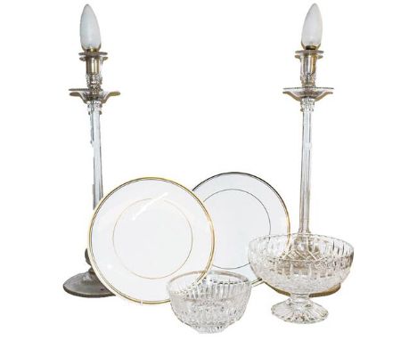 A Royal Chelsea part tea service, a pair of slender glass table lamps, Stuart crystal bowls and pepperettes etc (qty).  Lamps