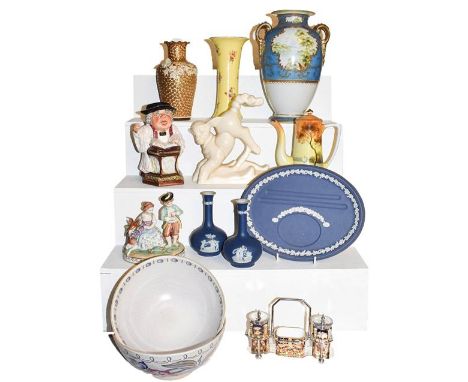 ~A tray of pottery and china including pair of Charlotte Rhead bowls, an Art Deco Beswick model of a lamb, a Davenport Imari 
