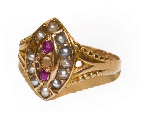 A 15 carat gold ruby and split pearl ring, finger size P1/2 (a.f.).  Gross weight 3.3 grams. 