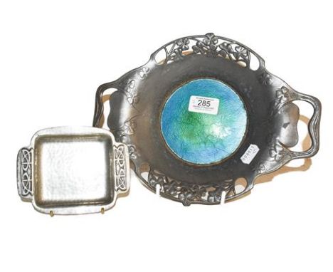 ~A Liberty &amp; Co Tudric pewter and enamel twin handled dish, stamped MADE IN ENGLAND ''TUDRIC'' 0287 SOLKETS, 29cm across 