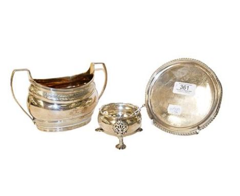 ~A George III silver twin handled sugar bowl by Robert Hennell I &amp; David Hennell II, London 1798, a George III silver sal