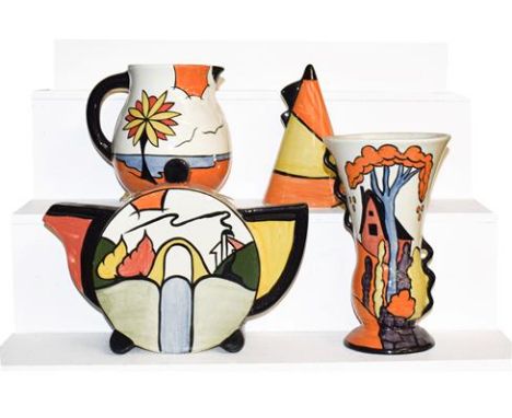 ~A group of Lorna Bailey for Old Ellgreave, a jug, a vase, a wall pocket and a teapot (4)