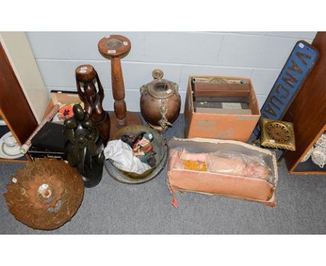 A blue painted cast iron sign (Van Guard), a smokers stand, tribal carving, 19th century brass trivet, two Victorian cast iro