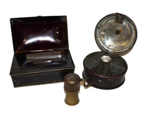 A 19th century toleware condiment grater and box together with another toleware box of similar date and a Victorian brass tea
