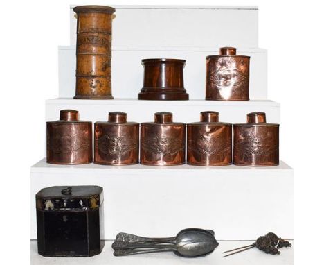 ~A treen spice tower together with a Regency tole-ware tea caddy, six other 19th century copper tea caddys by Joseph Sanky &a