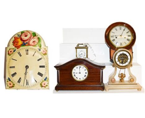 Carriage timepiece and mahogany timepiece, wooden dial and movement wall clock, alabaster swinging cherub timepiece and a sma