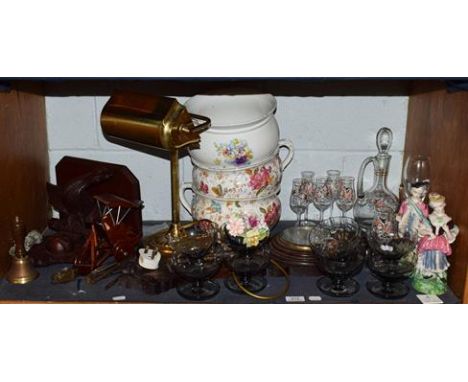 A barometer, wall bracket, three chamber pots and lamp, etc (qty)