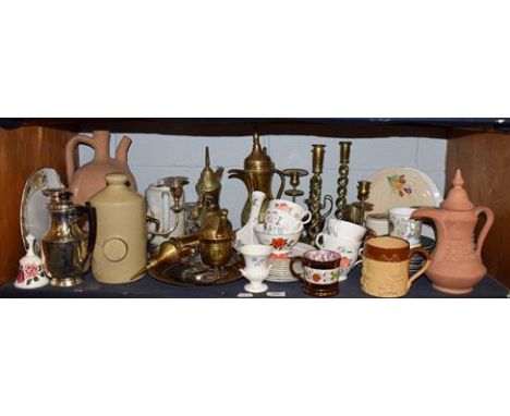 A quantity of ceramics including tea wares, stone wares, lustre wares and a a group of various brass including candlesticks a