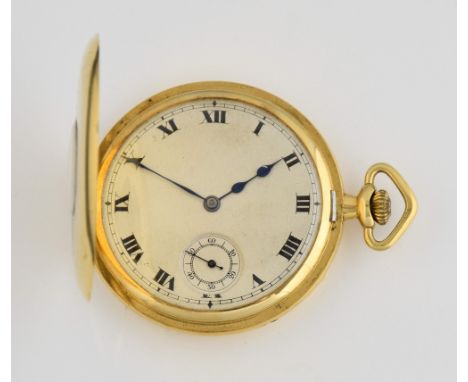 1920's gold cased half hunter pocket watch,18 ct with 15 jewel Swiss movement, secondary dial and black enamel Roman numerals