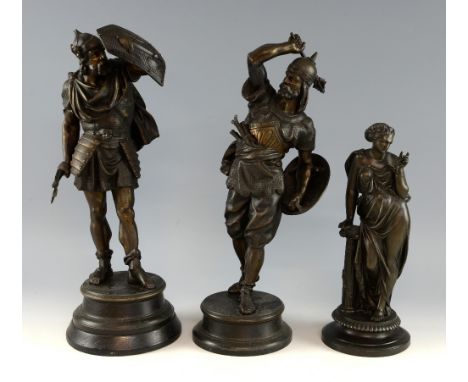 Pair of 19th Century Gothic Revival spelter figures of warriors 48cm and a classical figure of a woman. 34cm.    Break to the