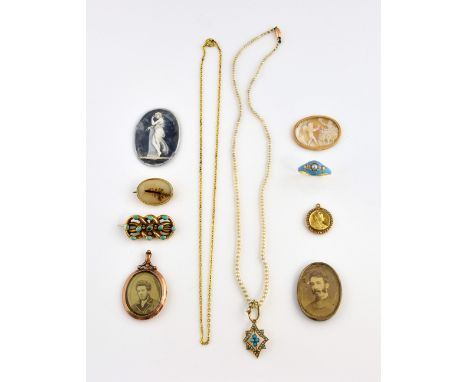 Group of Victorian jewellery, a queen Victoria memorial pendant,  a seed pearl necklace with seed pearl and turquoise pendant