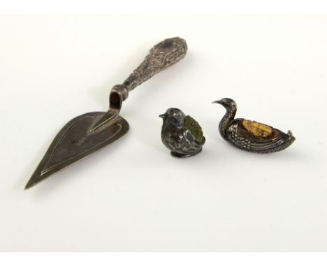 Edward VII novelty silver chick pin cushion, by Levi & Salaman, Birmingham 1906, white metal duck pin cushion and a silver tr