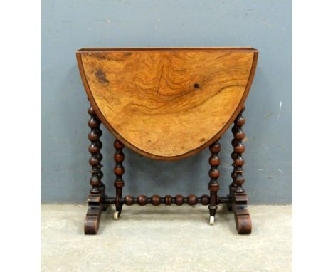 Victorian walnut oval drop flap tea table on bobbin turned legs, 55 x 55 cms.    