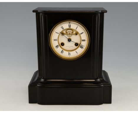 French black marble mantel clock, with twin train movement, visible escapement, white enamelled dial, by A. Brocot & Delettre